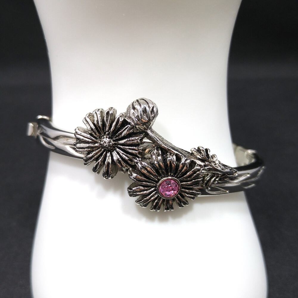 Lenox October Flower Bracelet Pink Rhinestone Silver Tone Hinged - Picture 3 of 10